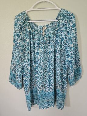 Grand & Greene | Teal Blue Paisley Print Peasant Blouse Size XL